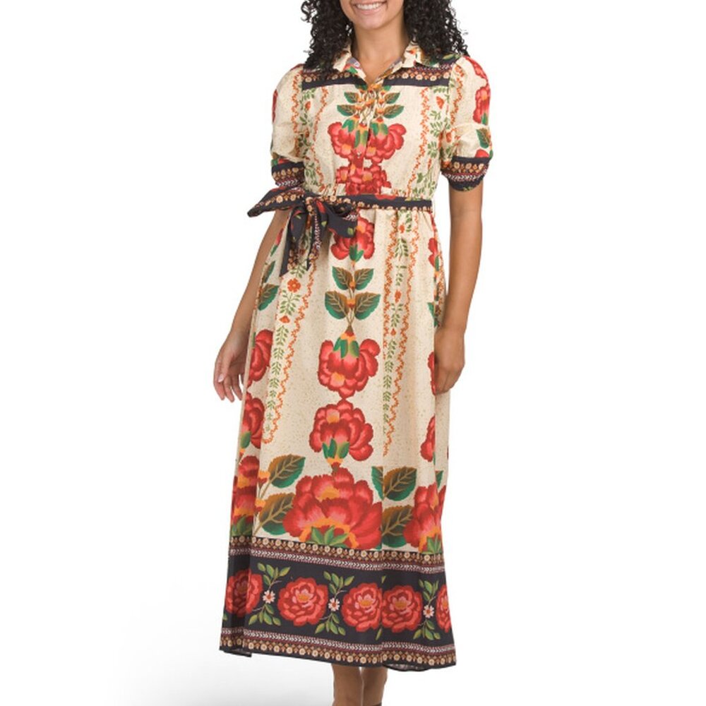 Celina Moon Floral Print Maxi Spring Dress With Belt Women's Size XS